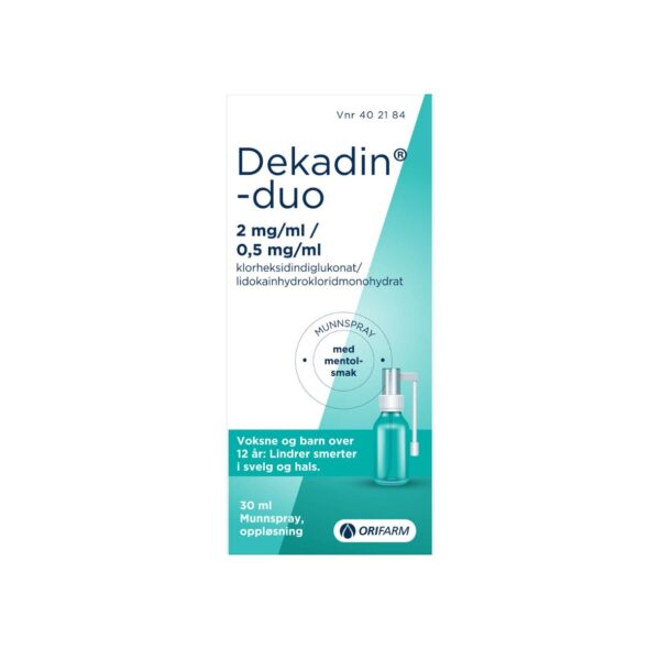 Dekadin-duo 2 mg/ml/0,5 mg/ml munnspray, oppløsning med mentolsmak, 30 ml