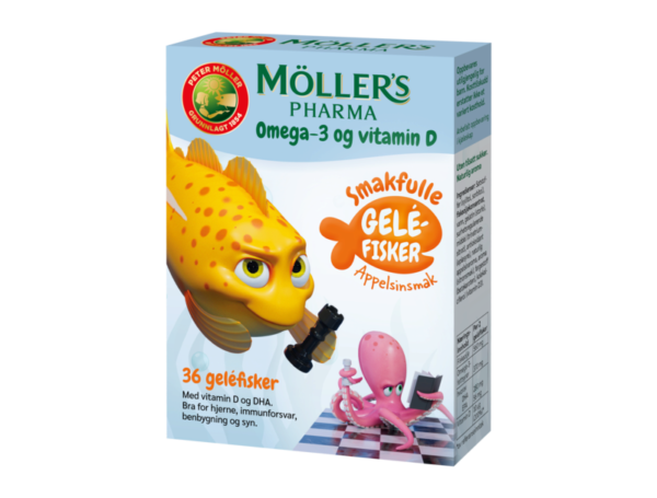 Möller’s Pharma Omega-3 og Vitamin D gelefisker med appelsinsmak 36 stk